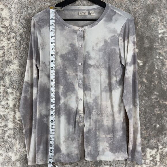 Logo Lori Goldstein Size XS Sheer Stretch Tie Dye Top Gray Button Long Sleeve - Picture 3 of 10